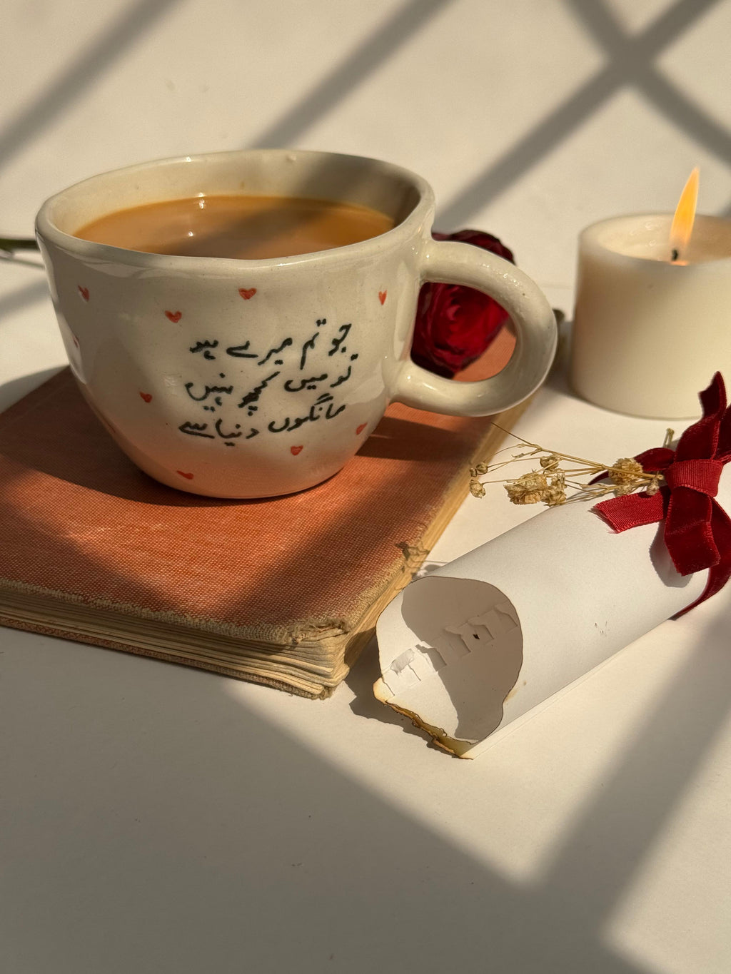 Handmade ceramic mug by pastel jade with urdu text is a lovers dream come true
