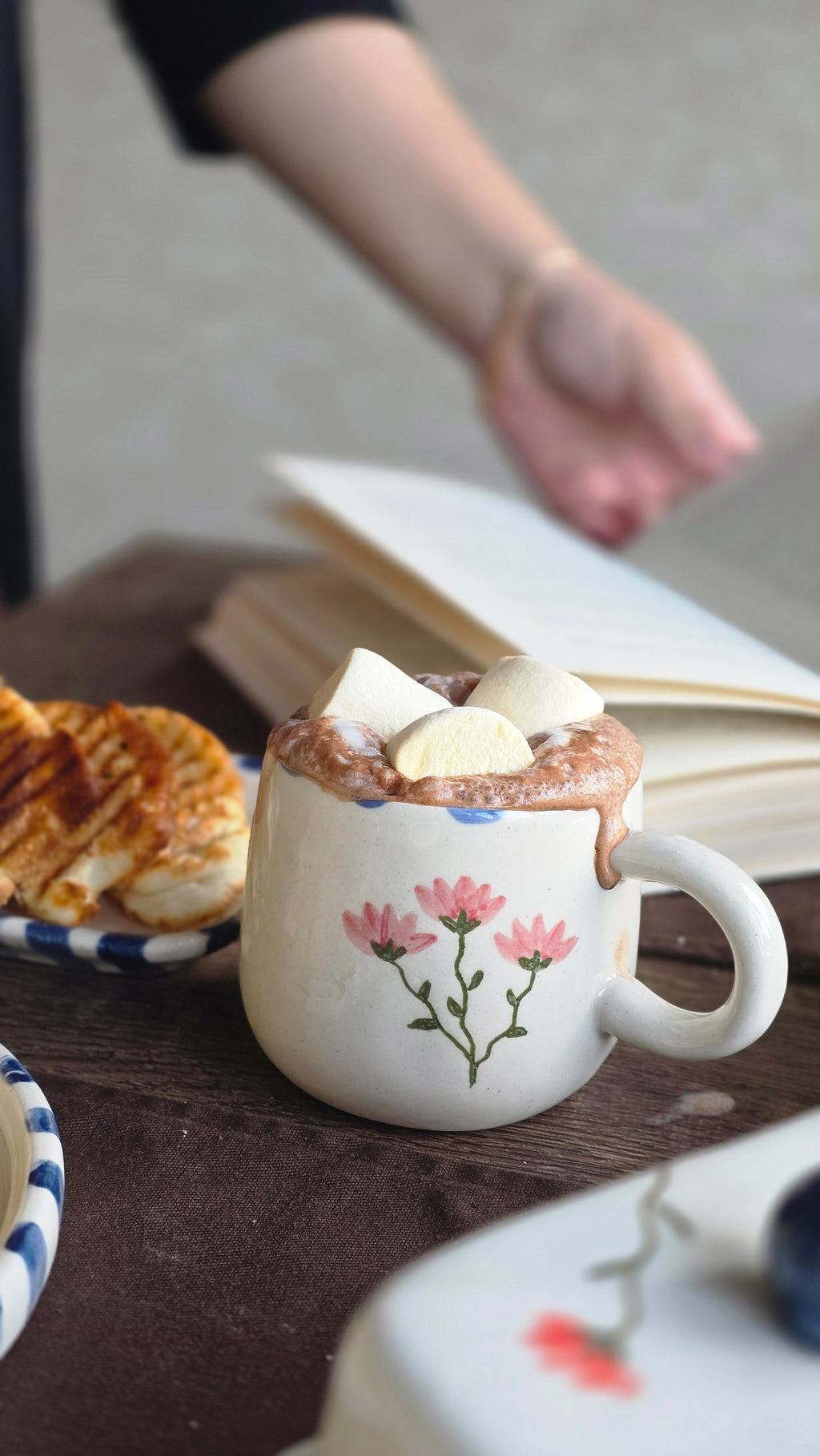 handmade ceramic breakfast set that includes floral design handpainted with love plates bowls butterdish cups and mugs
