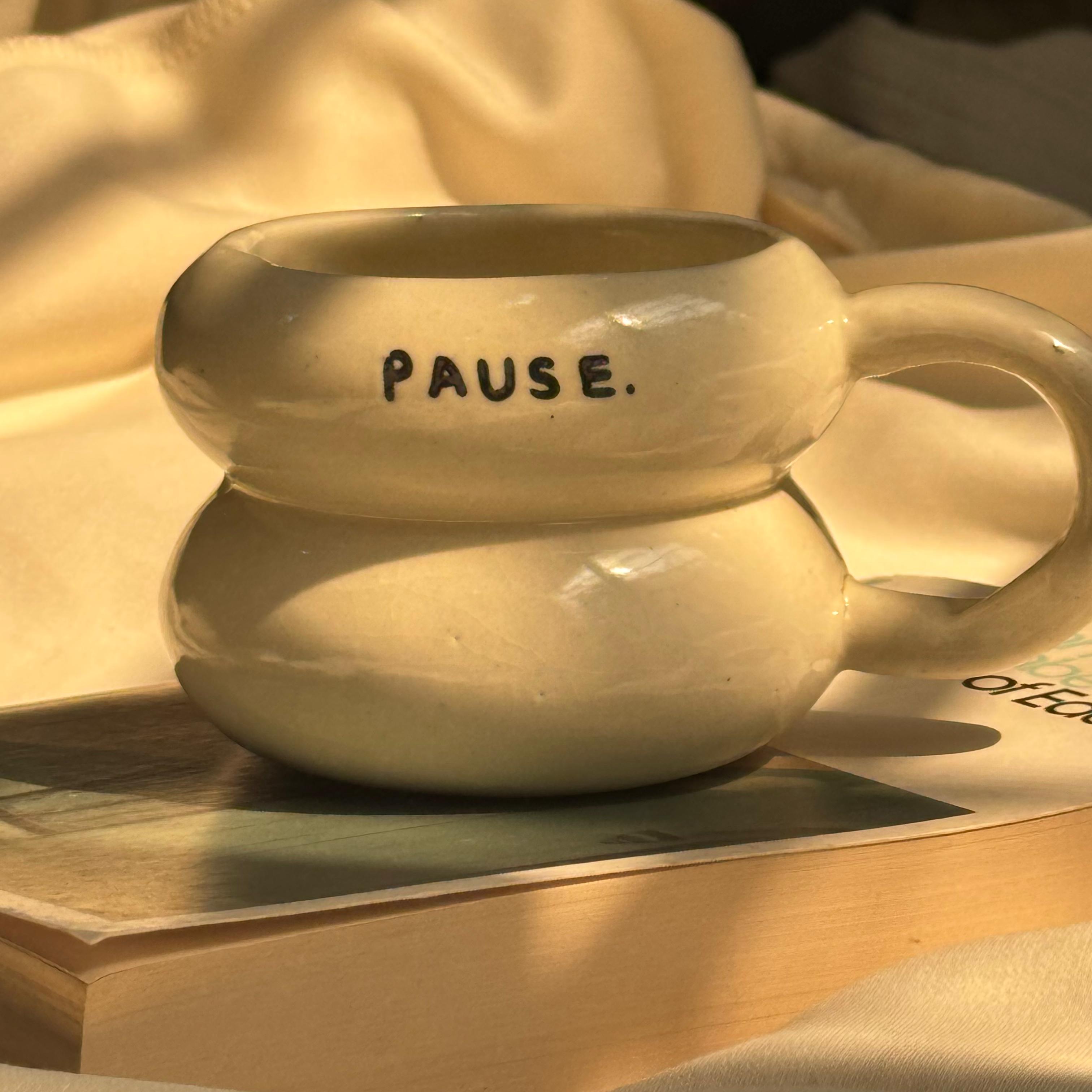 handmade ceramic mug pause text on it unique shape and perfect for desk and tea