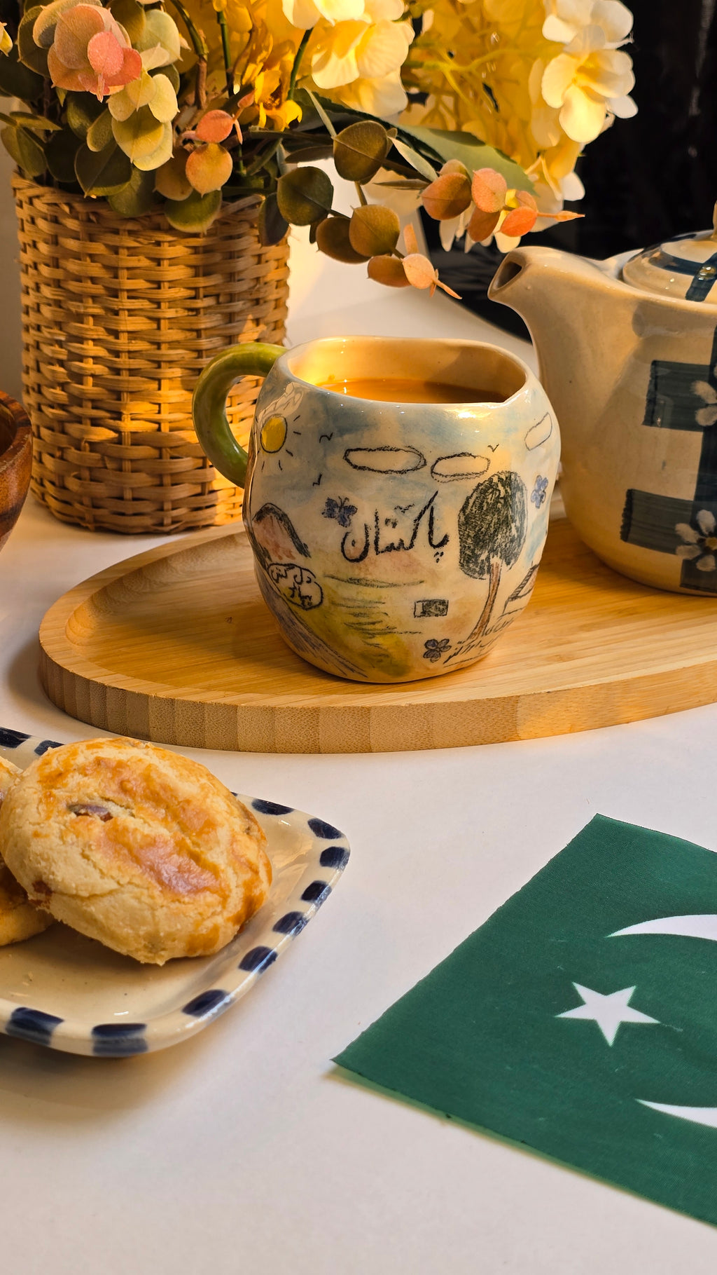 pakistan independence day mug handmade by pastel jade handpainted with pakistan beautiful nostalgic things like northern areas and charpai and our fruits a best present for people who are patriotic and love pakistan and pakistanis who live broad