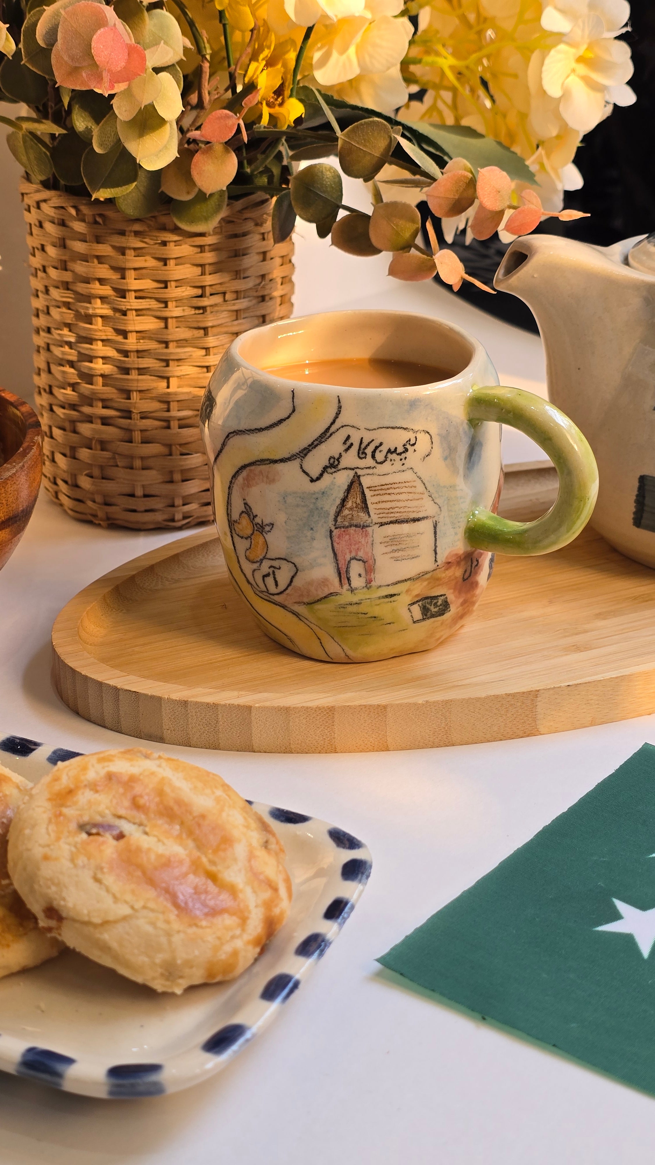 pakistan independence day mug handmade by pastel jade handpainted with pakistan beautiful nostalgic things like northern areas and charpai and our fruits a best present for people who are patriotic and love pakistan and pakistanis who live broad