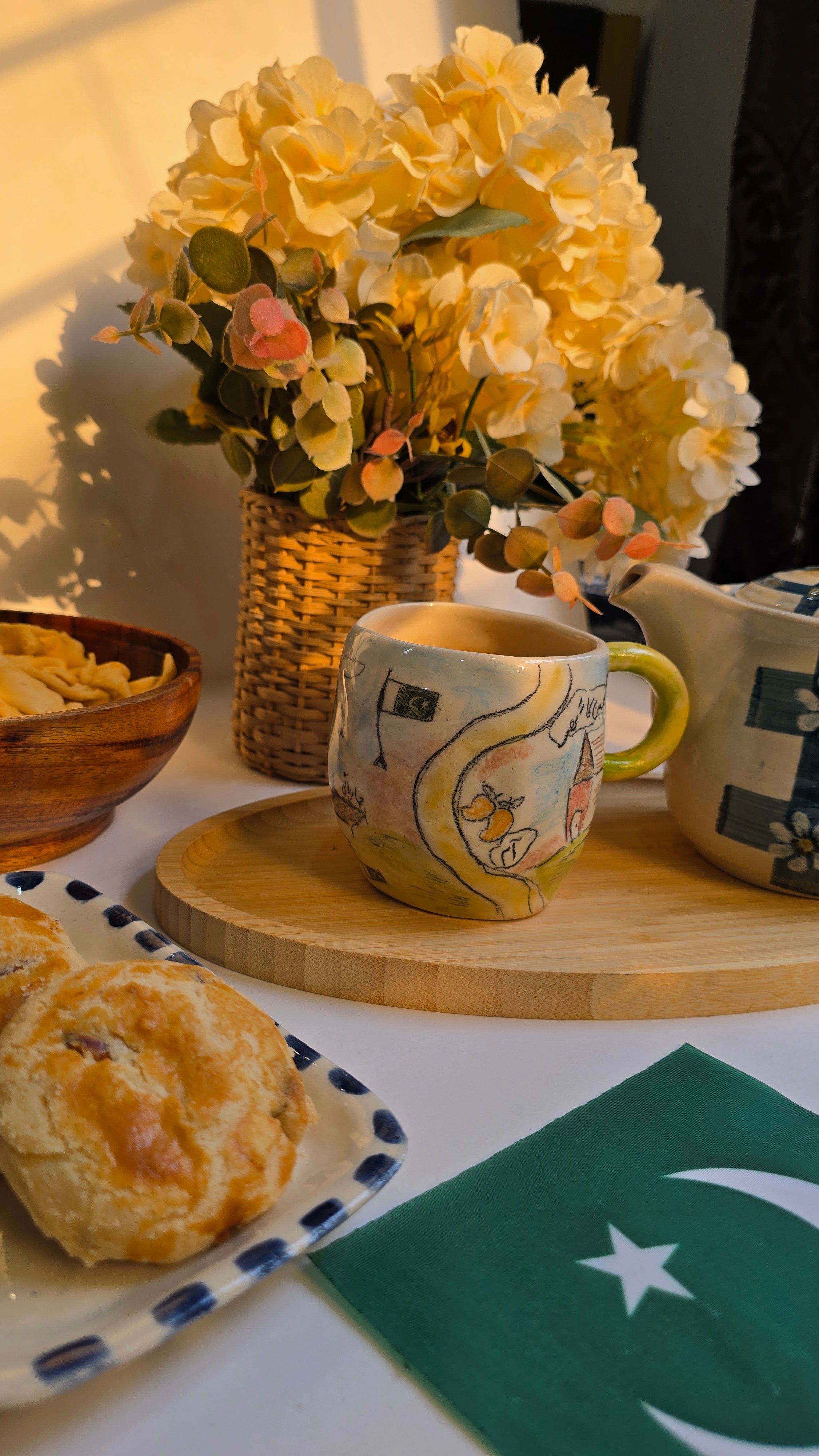 pakistan independence day mug handmade by pastel jade handpainted with pakistan beautiful nostalgic things like northern areas and charpai and our fruits a best present for people who are patriotic and love pakistan and pakistanis who live broad