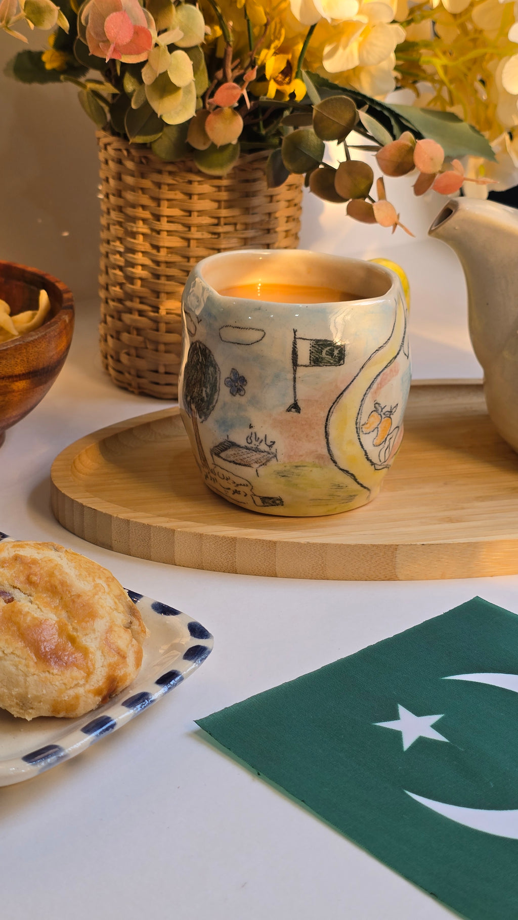 pakistan independence day mug handmade by pastel jade handpainted with pakistan beautiful nostalgic things like northern areas and charpai and our fruits a best present for people who are patriotic and love pakistan and pakistanis who live broad