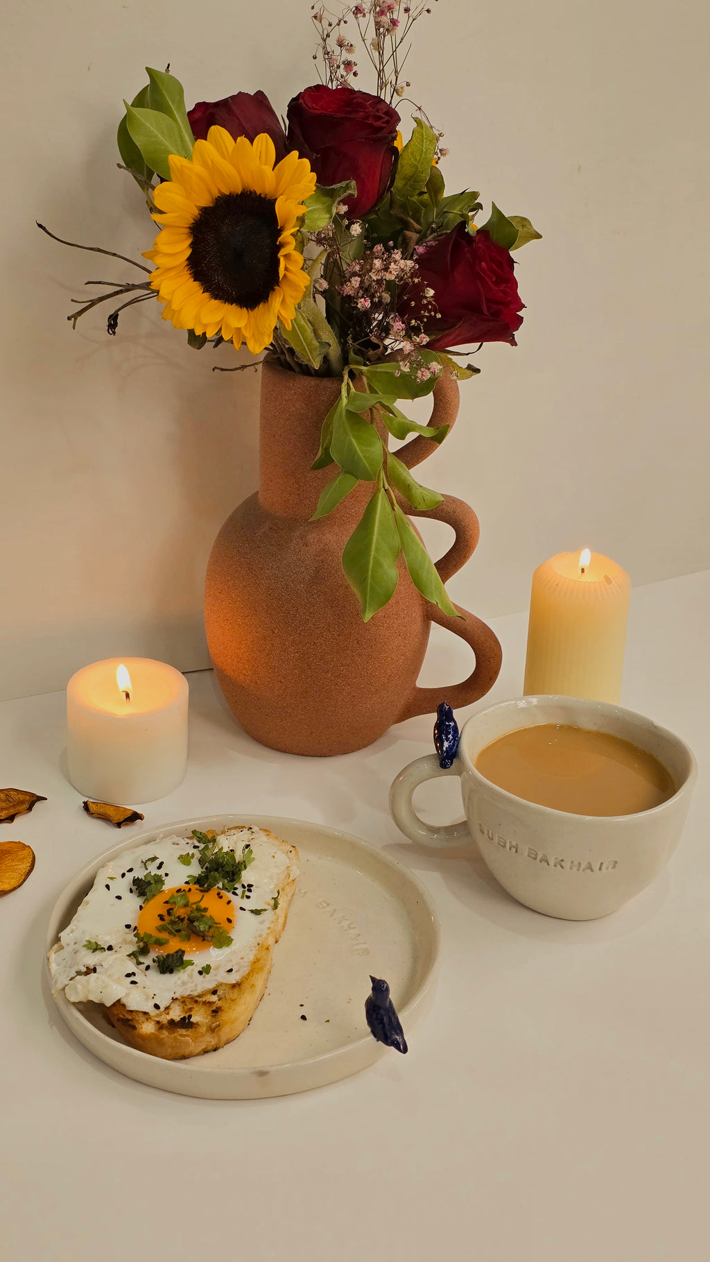 Handmade engraved 3d sculpted ceramic mug and plate perfect for breakfast
