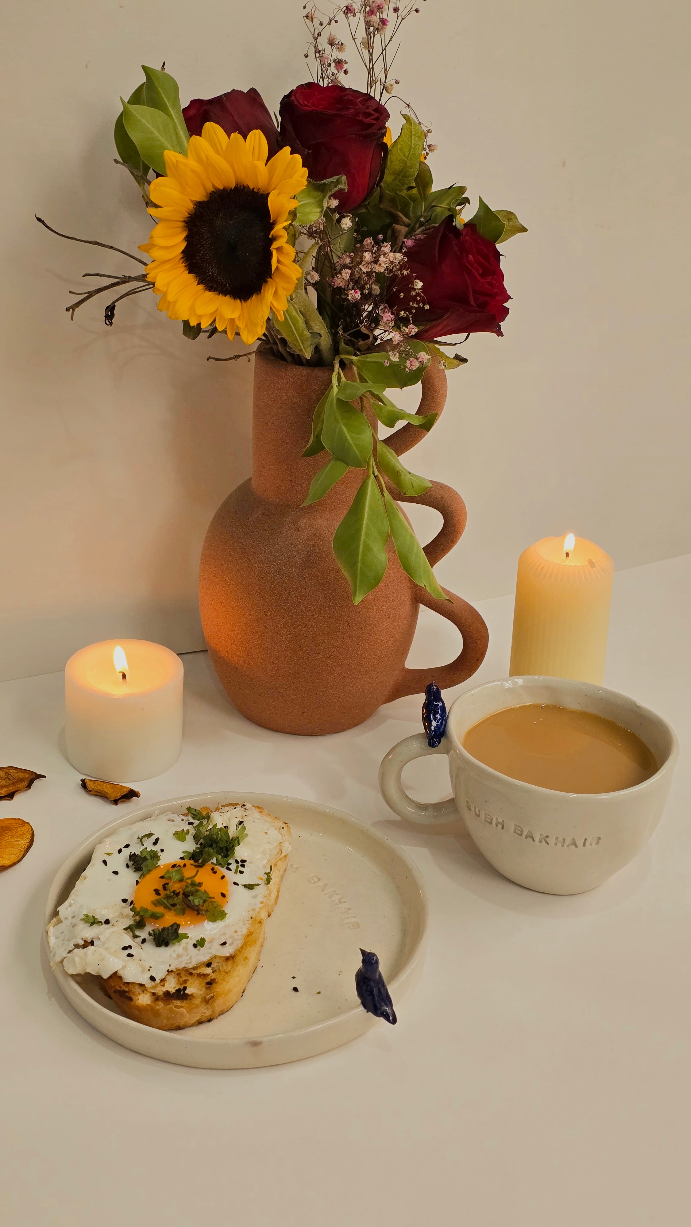 Handmade engraved 3d sculpted ceramic mug and plate perfect for breakfast