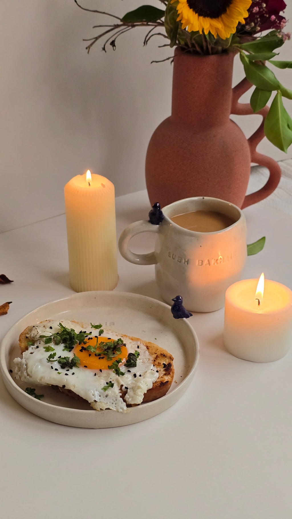 Handmade engraved 3d sculpted ceramic mug and plate perfect for breakfast